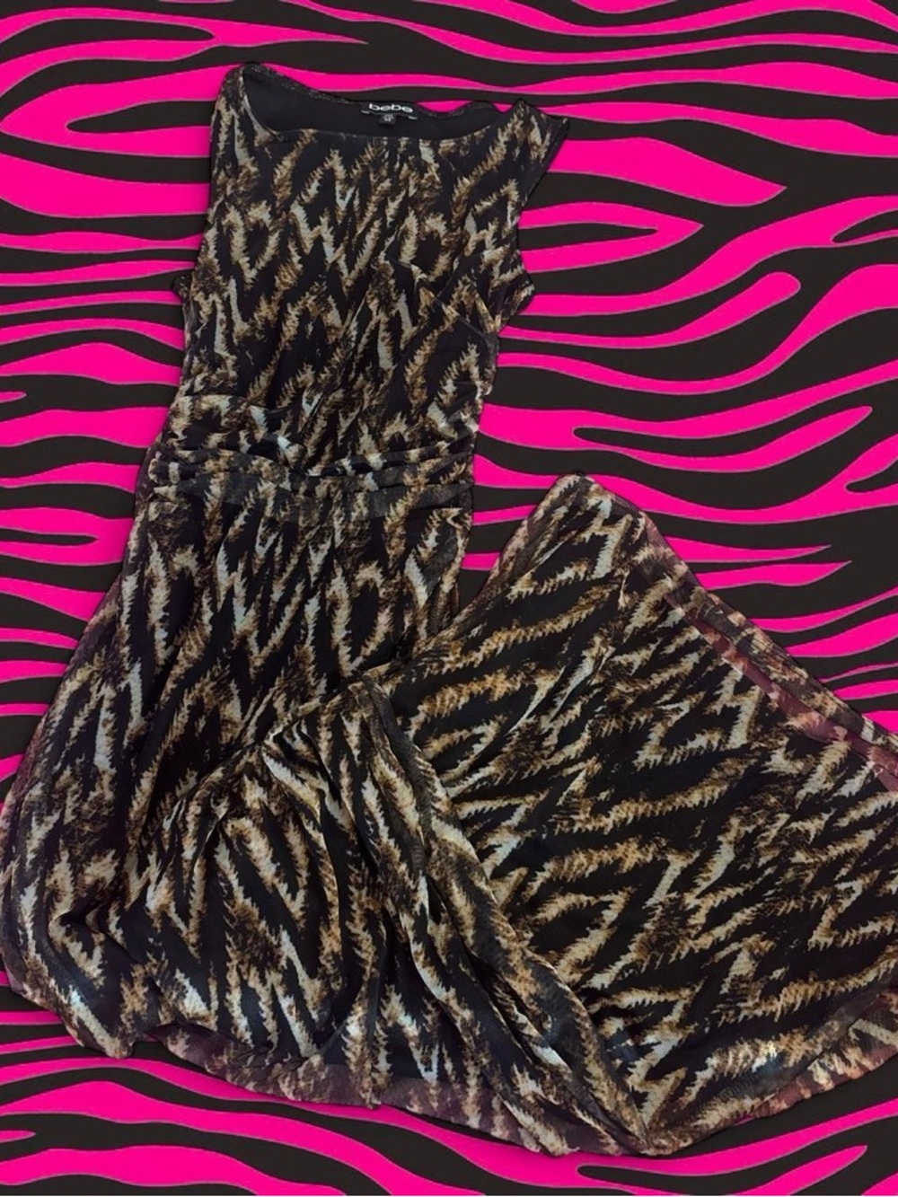 bebe Black and Brown Animal Print dress with runched detailing